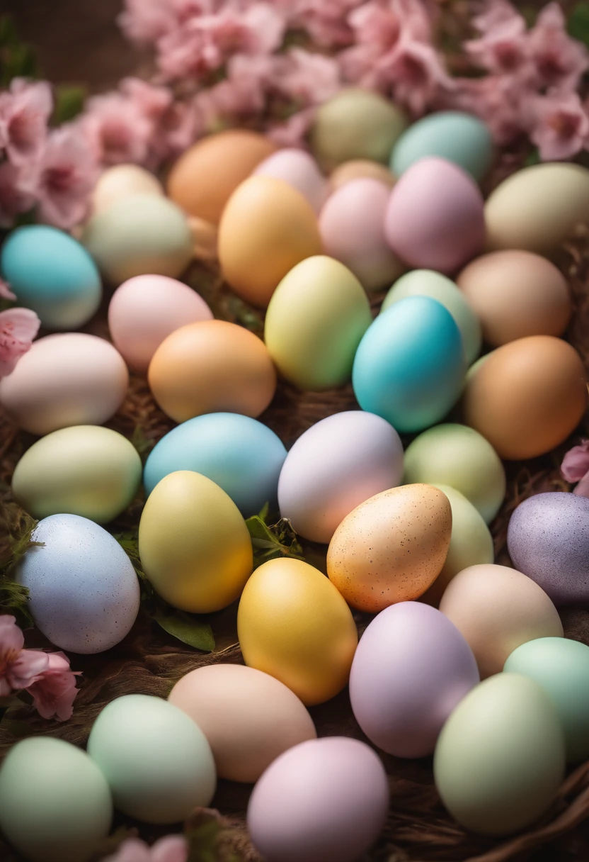 a creative shot of Easter eggs arranged in a gradient pattern, with different shades of pastel colors against a backdrop of spring blossoms, representing the vibrancy of the season