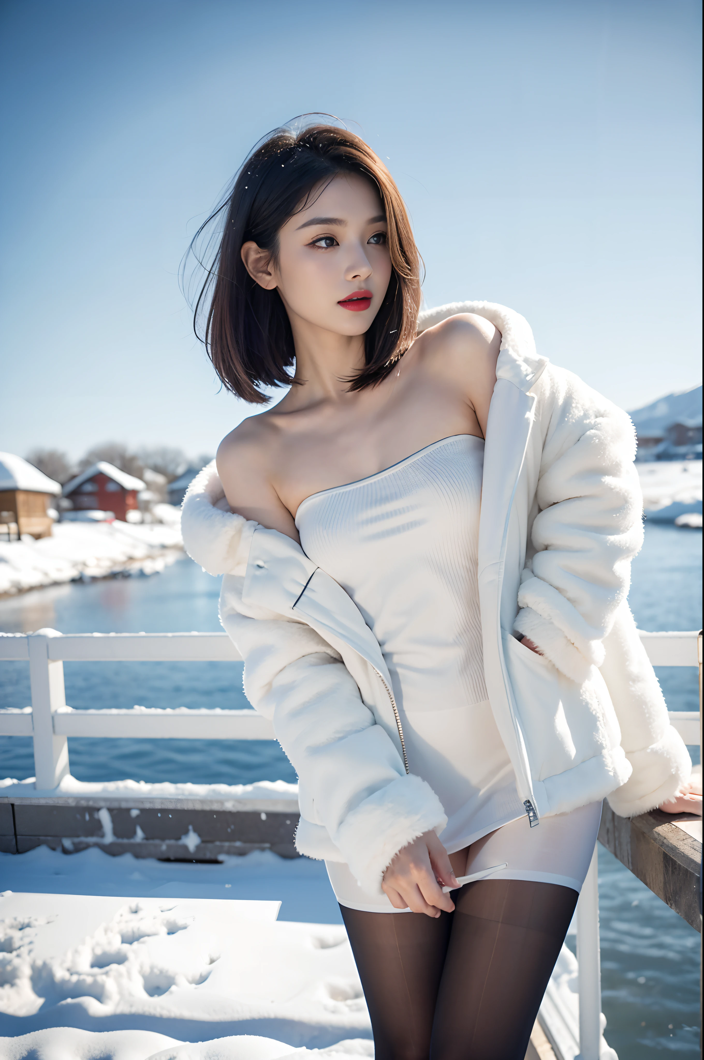 Best quality at best, 4K, 8K, 详细的脸, Clear face, a pretty girl,Delicatemakeup, Redlip,laughingly, perfect bodies,Shoulder length straight bob hair,small heads,petty face,watery big eyes,little breast,upper legs,Slim,thin, Girl wearing a large white mink coat, Underneath the jacket is a white sweater and pantyhose, snow landscape, Winters, Snow Country,Look from the front