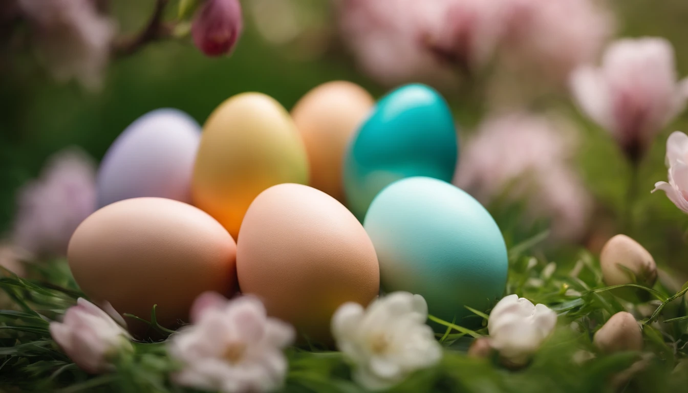 a creative shot of Easter eggs arranged in a gradient pattern, with different shades of pastel colors against a backdrop of spring blossoms, representing the vibrancy of the season