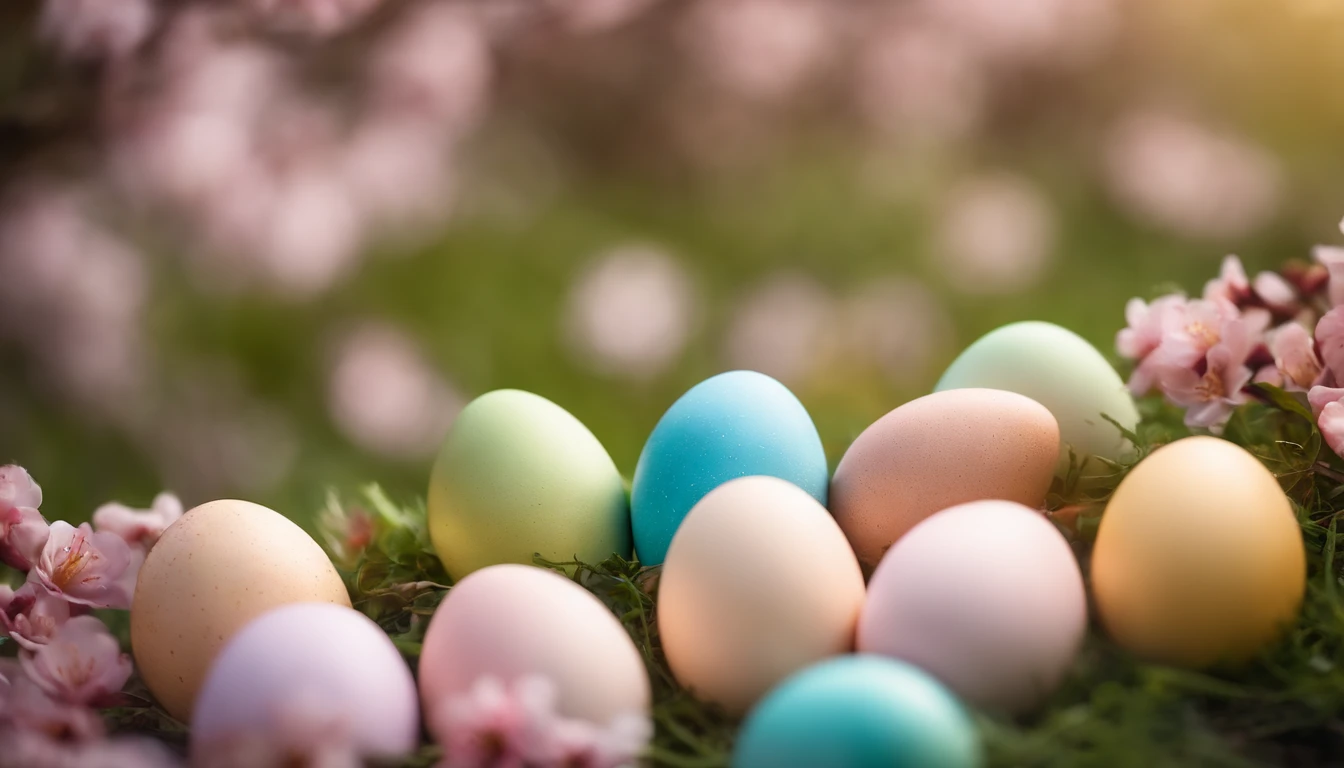 a creative shot of Easter eggs arranged in a gradient pattern, with different shades of pastel colors against a backdrop of spring blossoms, representing the vibrancy of the season
