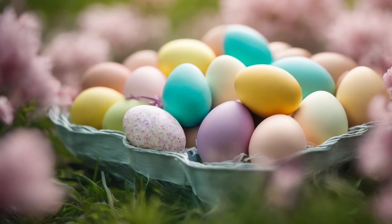 a creative shot of Easter eggs arranged in a gradient pattern, with different shades of pastel colors against a backdrop of spring blossoms, representing the vibrancy of the season