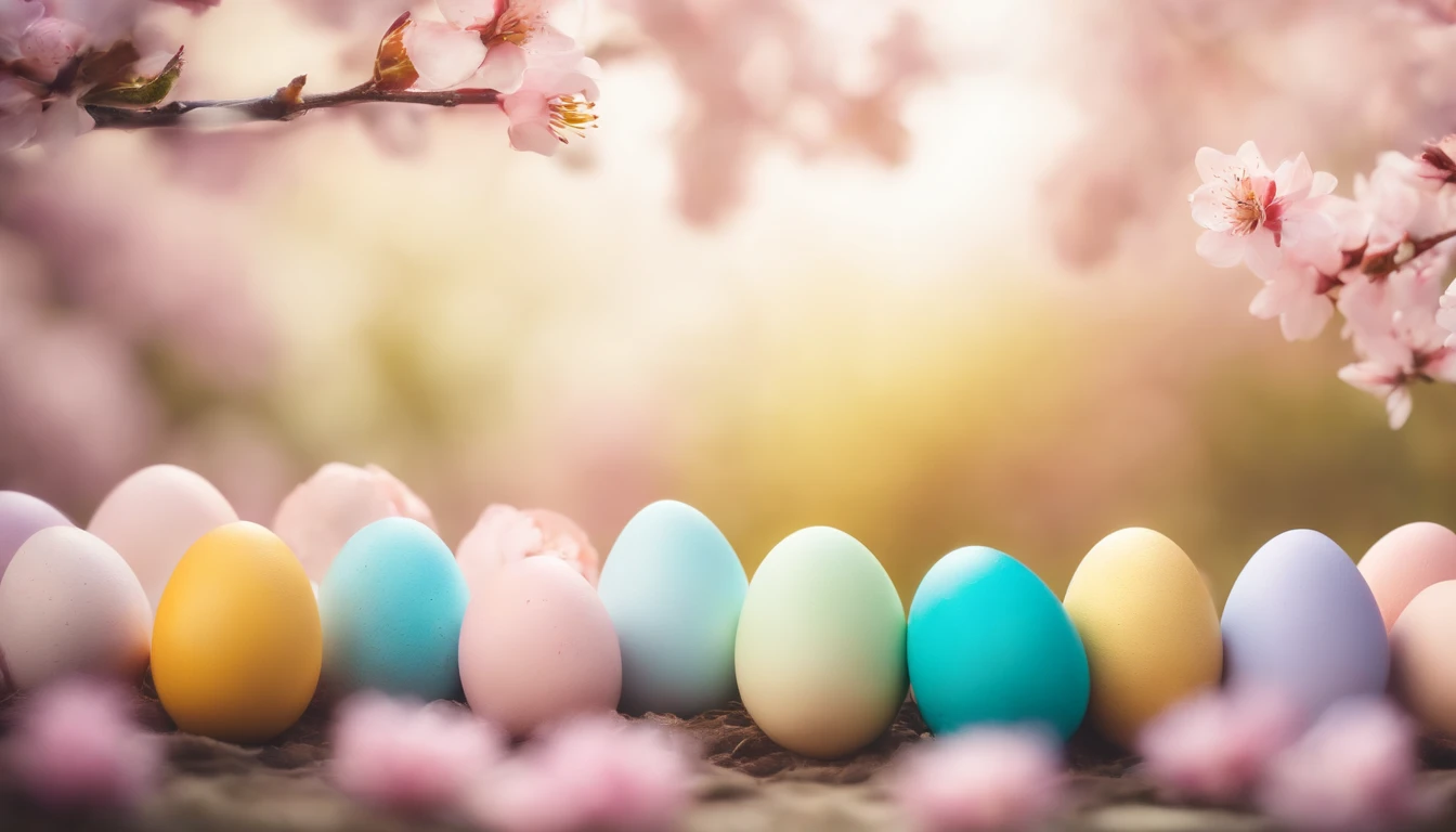 a creative shot of Easter eggs arranged in a gradient pattern, with different shades of pastel colors against a backdrop of spring blossoms, representing the vibrancy of the season