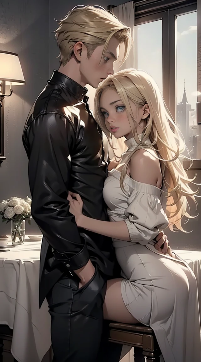 highest quality、4K quality、Woman in off-the-shoulder dress、A sleeping man touches a woman、Man grabs woman's head、woman opens her legs wide、nude crotch、The woman is shy、A woman sucks a man's penis、The woman is blonde and slender.
