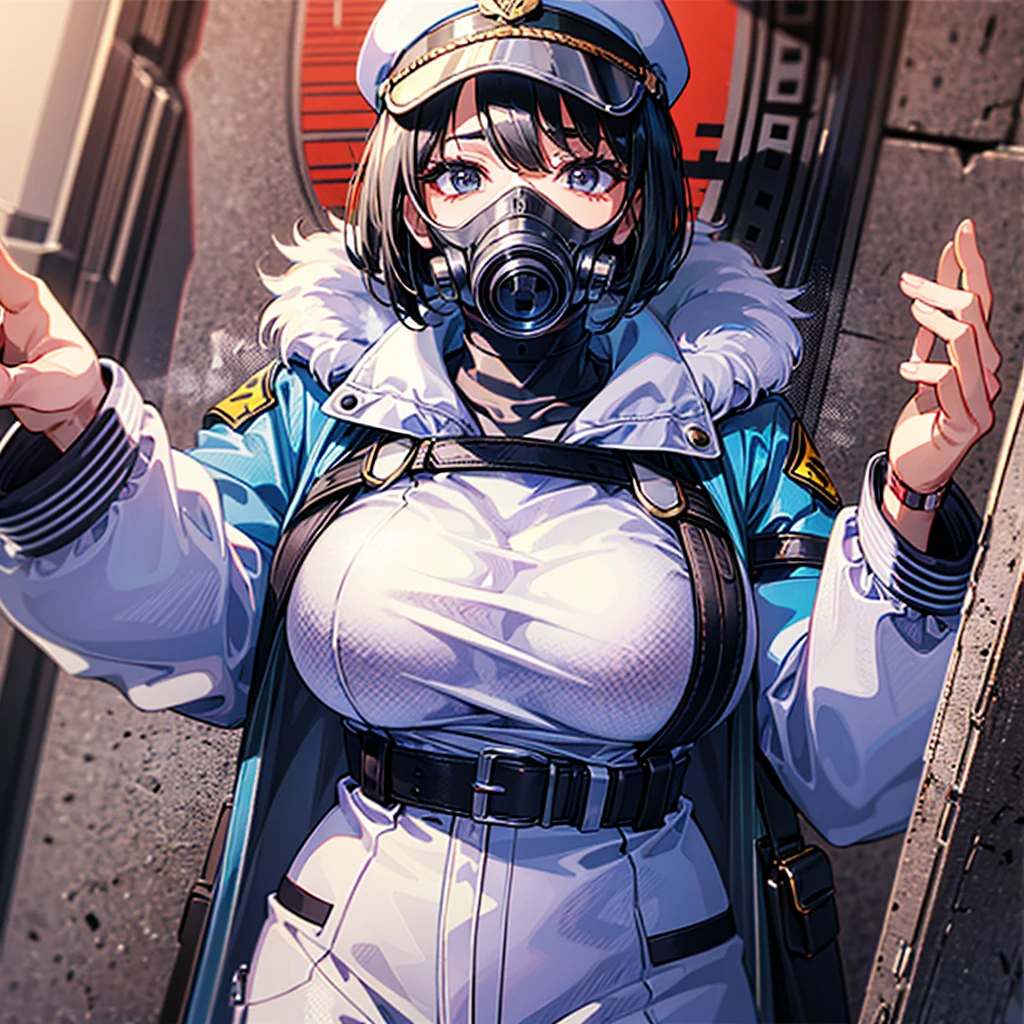 （（（​masterpiece）））、（（（Top image quality）））、（（（top-quality）））、（（highly detailed unity 8ｋwall-paper））、（Illustration of one woman）、30-years old、（Viceroy）、Black hair bob cut、（（（Gas mask covering the mouth）））、Gray eyes、（（Tall））、（（huge tit））、（（Military uniforms））、（（Military Cap））、（（Military coat））、（white  clothes）、（White pants）、（White cap）、trench coat、（（（Inside the spaceship）））
