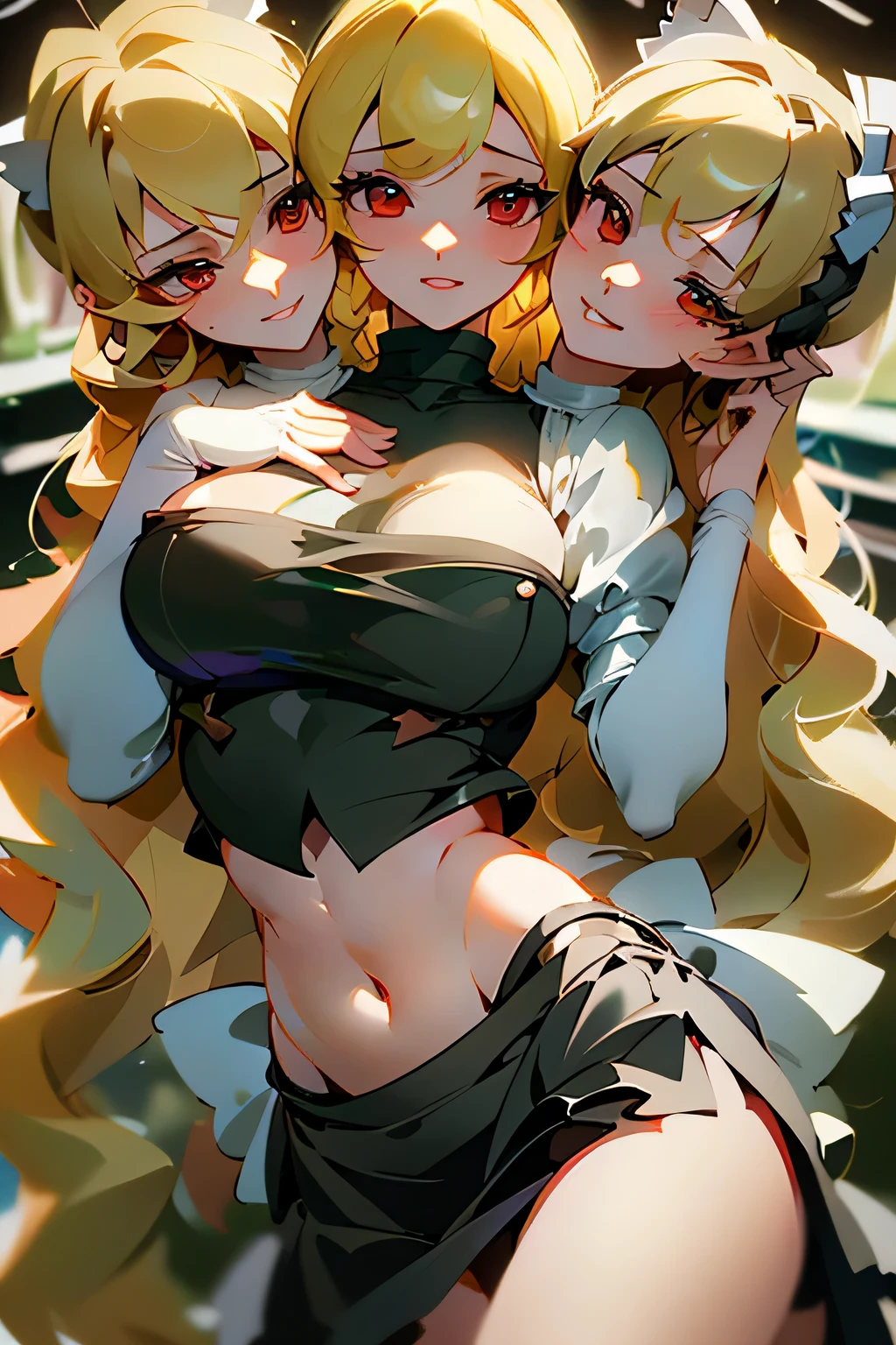 (masterpiece, best quality), (3heads:1.5), 1girl, (kirasame marisa:1.3), masterpiece, best quality, black top, crop top, ((stomach)), midriff, ((groin)), black skirt, normal ears, shackles, blonde hair, very long hair, wavy hair, sidelocks, red eyes, parted lips, single horn, sweat, cute, toned belly, hand on own chest, eyelashes, (25 year old woman:1.3), (masterpiece:1.4), (best quality:1.4), (beautiful detailed eyes), extremely detailed CG, extremely delicate and beautiful, depth of field, (finely detailed face), (perfect details:1.0), (mature female:1.3), wide pelvis, slender, large veiny breast, 8k resolution, high quality, high definition, extremely detailed, masterpiece, best quality, blonde hair, long hair, alluring presence, braid, short skirt, close up, big tits, young, necks side by side