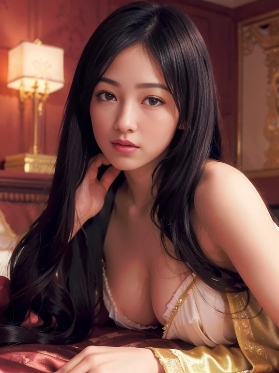 (best quality,highres:1.2),young girl,feminine face with a hint of blush,long hair flowing gently,posessing an innocent gaze,lying on a luxurious silk bed,champagne-colored silk sheets cradling her slender body,vivid colors,soft morning sunlight lighting up the room,gentle shadows cast on the walls,romantic ambiance,her body curves accentuated by the silk fabric,flickering candles adding a touch of intimacy,long eyelashes,fine details of the eyelids, exuding elegance and charm,glossy lips,parted slightly in anticipation,intense passion reflected in her eyes,love and desire filling the air,subtle and tasteful,whispering of sunrise after an enchanted night.