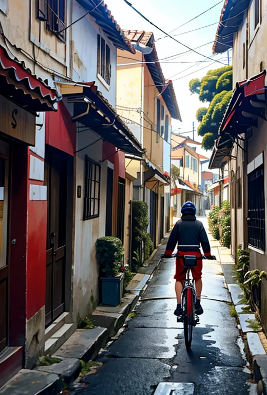 Um ciclista vestido de papai Noel, is on a tree-filled street with wide sidewalks, passeios largos