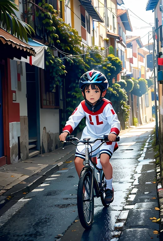 Um ciclista menino vestido de papai Noel, is on a tree-filled street with wide sidewalks, passeios largos