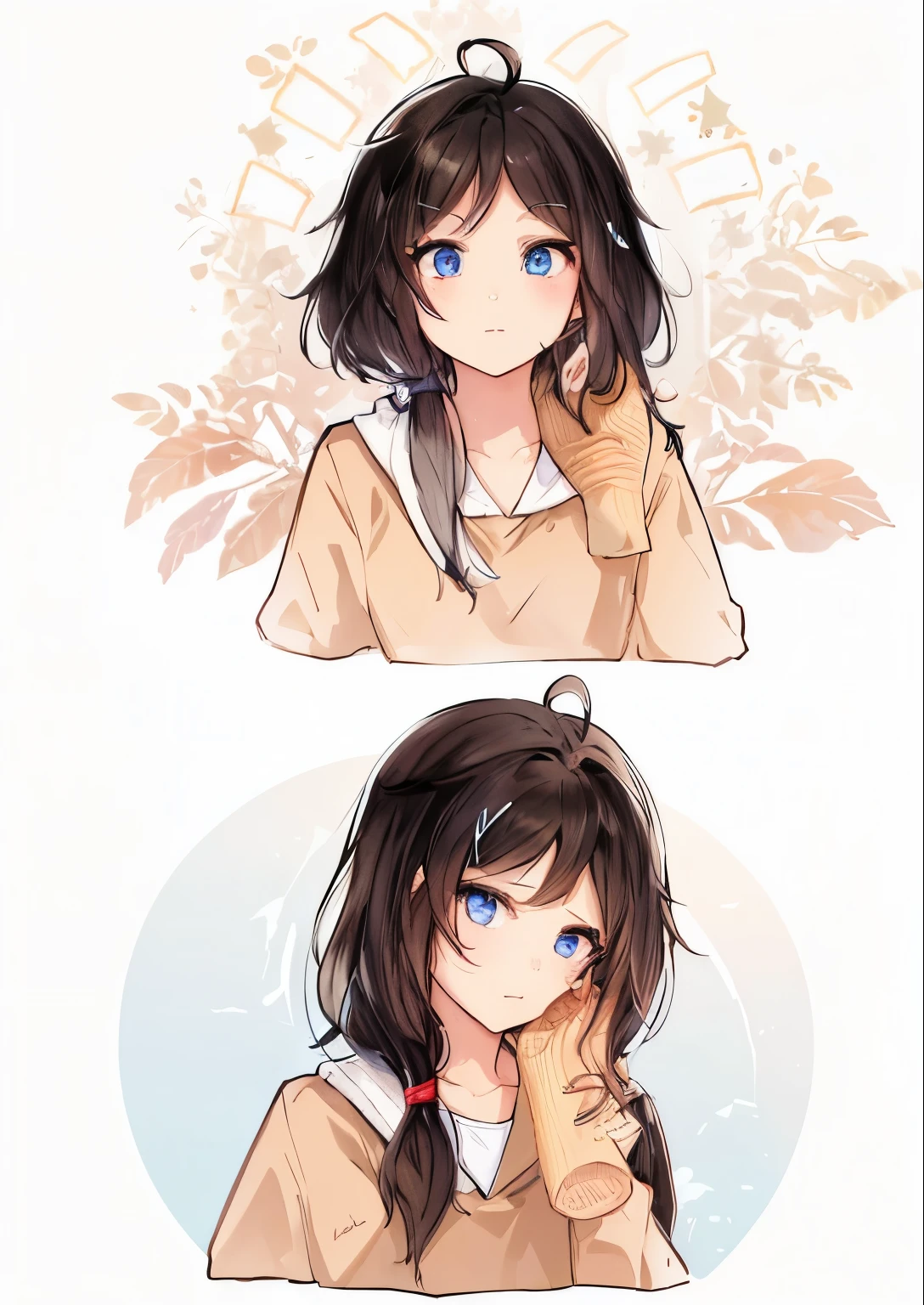 a girl wearing a light brown hoodie, black hair, detailed hair, detailed face, detailed hair, beautiful eyes, best quality, masterpiece