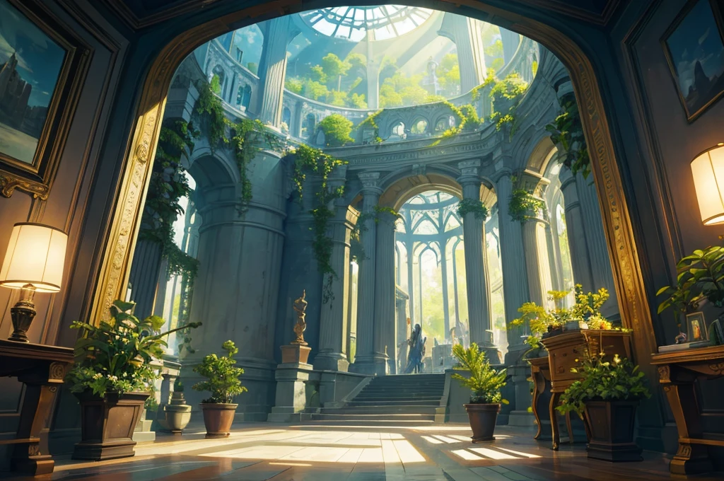 masterpiece, best quality,ultra-detailed, fine detailed, 8k, scenery, landscape, no humans, wide shot, breathtaking sights, Spectacular views, starry sky, night sky, midnight sky, great forest, unexplored region, inside greenhouse with decoration, inside Intricate European Bird Cage, ancient bridge, flower garden, ruins, forest, waterfall, nature, ray tracing, refraction, cinematic lighting, fisheye lens, tyndall effect