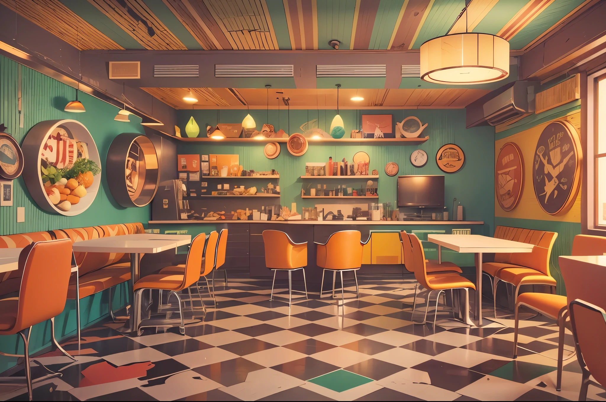"Retro burger interior inspired by the 70s with vibrant colors, Original patterns and nostalgic decor", extremely high quality, Amazing details, 8k,