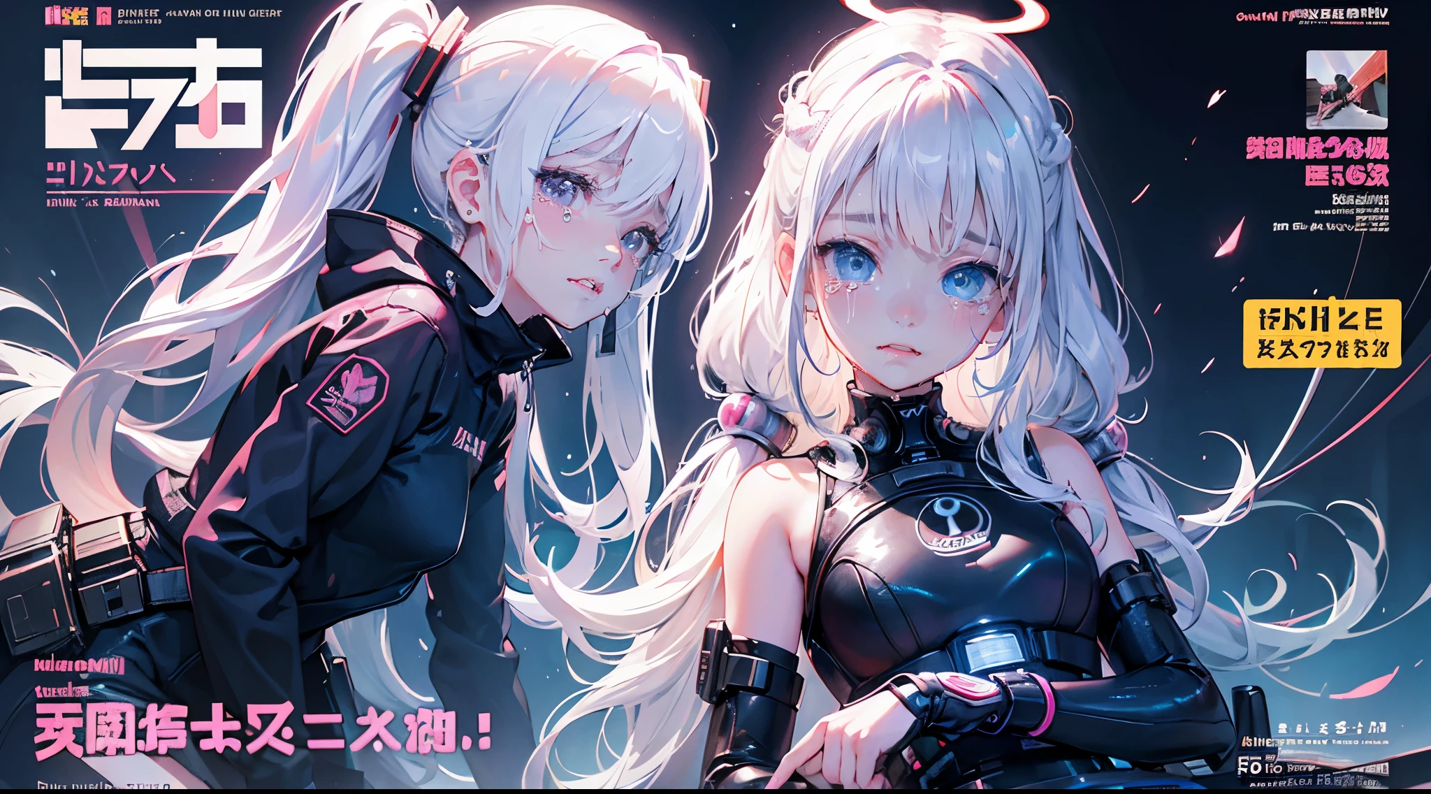 hair bobbles, wince, long eyelashes, solid circle eyes, light smile, ear blush, fang, (white hair), makeup, blush, sad, sad smile, drop shadow, anaglyph, atmospheric perspective, 8k, super detail, accurate, best quality, (cyberpunk), cinematic lighting, masterpiece,1girll, short twintails, Colorful hair, flying, pink bows,((16-year-old female model)),( Stand Neck long sleeve black jacket), mecha, ((dress)), (aquarium), (angel halo), ( wings), (magazine cover), the background is sunrise with planets and shooting stars, aurora, beautiful sky, space view, (wide shot), ((((text)))), (cover), bold, attention-grabbing, ((title)), stylish, (((font))), panorama, eye level shot, tile from below, title from side, title in middle, ((((magazine cover layout)))), (((princess costume)))