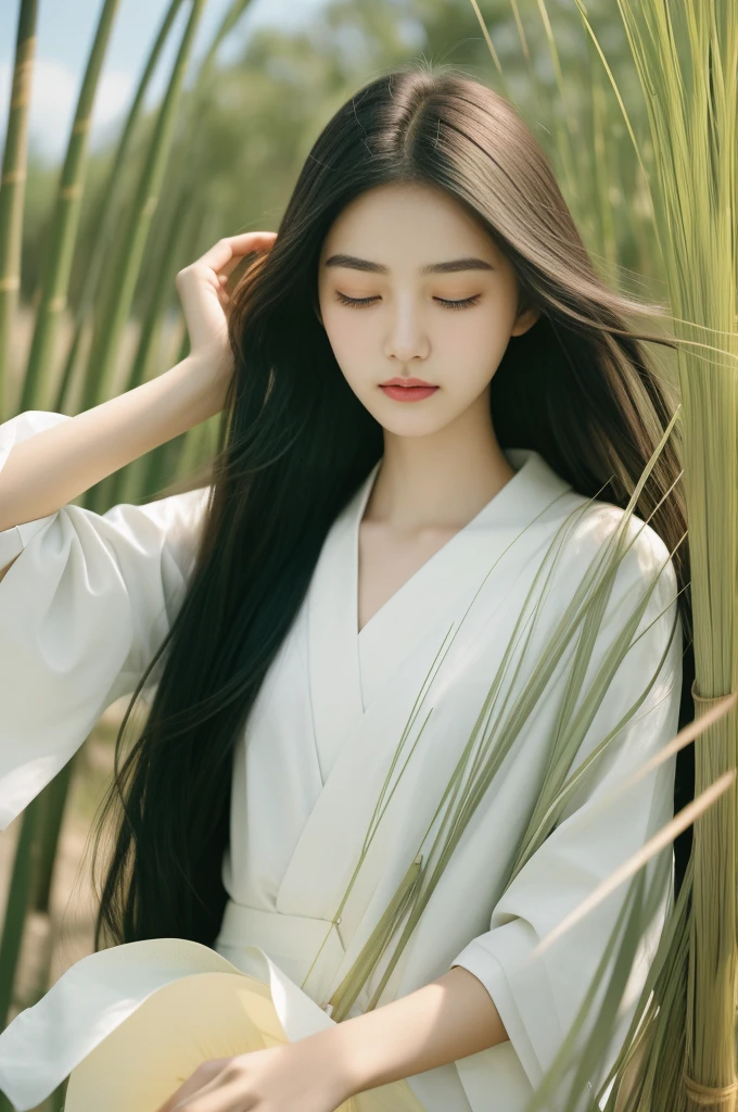 18-year-old girl,sportrait,sideface,With his eyes closed,long eyelasher,the detail,prette,incomparable beauty,being thin,blanche,calm countenance,Intoxicated expression,Green reeds taller than people,There is wind,