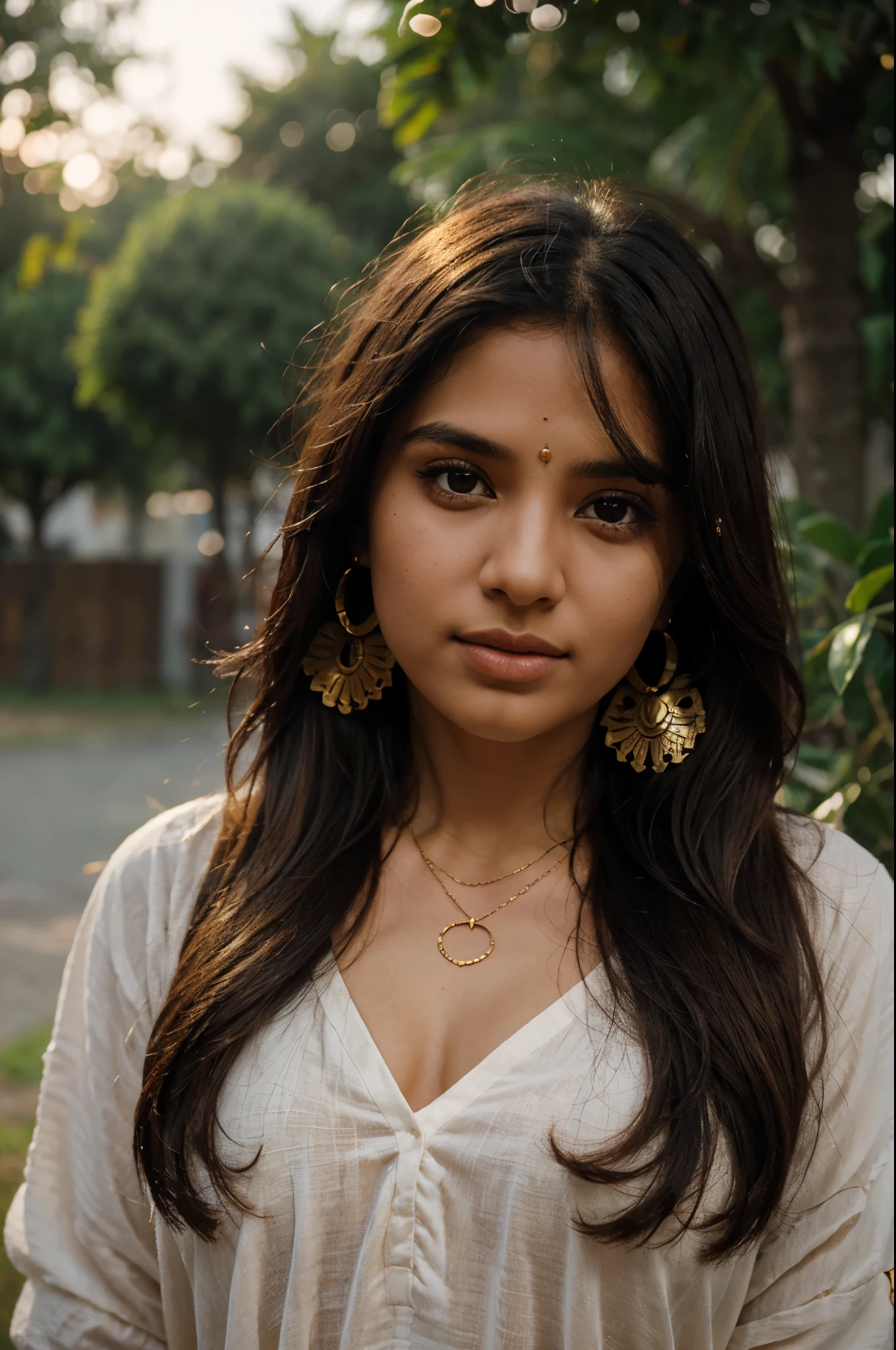 1 indian girl, blurry background, depth of field, earrings, hair over one eye, jewelry, lips, long hair, necklace, ring, solo, sunlight, sunset, golden hours, tree, upper body, , (extremely symmetrical perfect face)