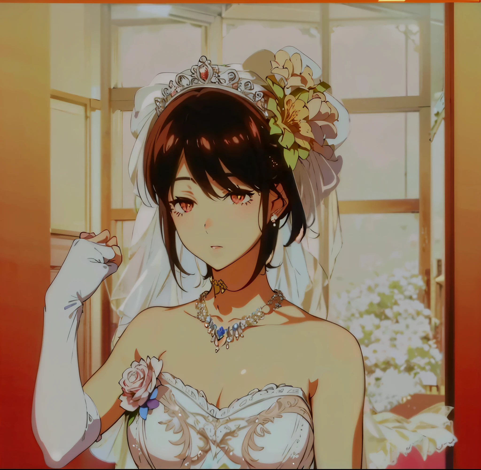 1 girl, 20 years old,younger female,Close-up of beautiful bride wearing beautiful bridal dress,Guwitz,(Transparent short veil:1.5),face flushed,Head flower,headdresandeau wedding dress:1.5),(silk dress:1.2),(Strapless wedding dress:1.5),Plain white dress,choker necklace,耳Nipple Ring,(humongous large breast:1.3),Deep V peach heart collar wedding dress,through bangs,lipsticks,(Lace gloves:1.3),Transparent wedding dress