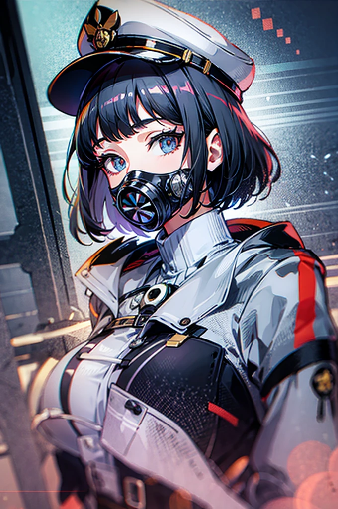 (((masterpiece)))、(((Top image quality)))、(((top-quality)))、((highly detailed unity 8kwall-paper))、(Illustration of one woman)、30-years old、(Viceroy)、Black hair bob cut、(((Gas mask covering the mouth)))、Gray eyes、((Tall))、((huge tit))、((Military uniforms))、((Military Cap))、((Military coat))、(white clothes)、(White pants)、(White cap)、trench coat、(((Inside the spaceship)))