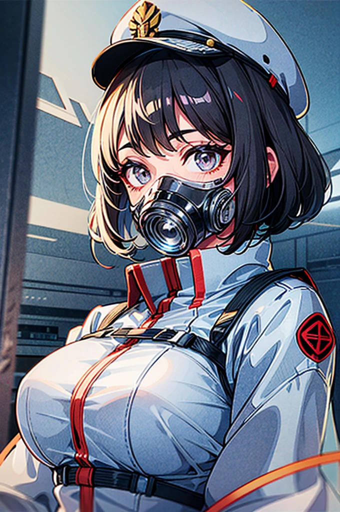 (((masterpiece)))、(((Top image quality)))、(((top-quality)))、((highly detailed unity 8kwall-paper))、(Illustration of one woman)、30-years old、(Viceroy)、Black hair bob cut、(((Gas mask covering the mouth)))、Gray eyes、((Tall))、((huge tit))、((Military uniforms))、((Military Cap))、((Military coat))、(white clothes)、(White pants)、(White cap)、trench coat、(((Inside the spaceship)))