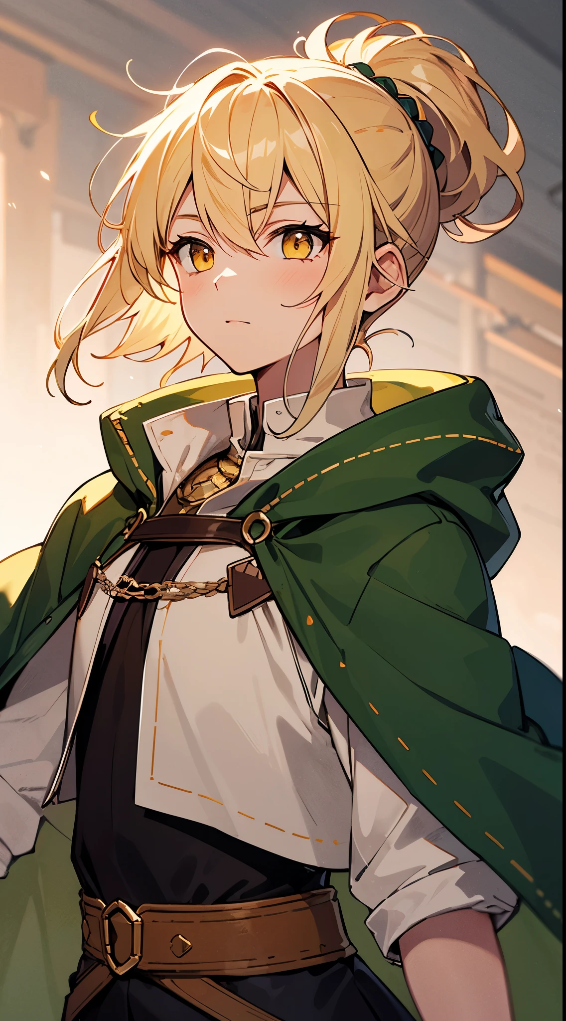 [masterpiece, ultra-detailed, best quality, soft skin, beautiful] blonde hair, yellow eyes, archer, green cloak, hairpin, medium hair, hair-up, fit body, dynamic angle, medieval shop background, hardened expression.