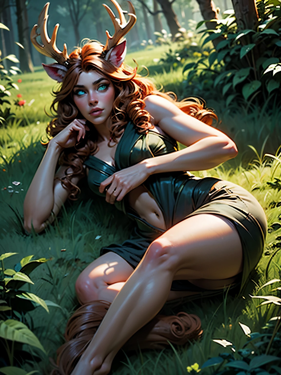 3dmm, (masterpiece, highly-detailed, hyper realistic), full-body shot of a beautiful female faun, (female anthro faun:1.3), perfect face features, thin deer-like hips and legs, furry hooved legs, thick kissable parted lips, expressive glowing green eyes, pointy ears, red eyes colour, curly ginger updo hair, demon horns, Sagging breastewitching body, perfect size body shape curvy and fit, luffy chubby body, brunette color hair，neatly tied updo hair， Super detailed face, Detailed lips, Detailed eyes, Single Eyelids, Sagging chest，visible curves，The entire body depicted in detail, huge breast, huge butt, green satin bra, furry hooved feet, Deer-like feet, lying on grass, ((dark vagina)), cum in pussy, in the middle of the dark enchanted forest, (looking back at viewers).
