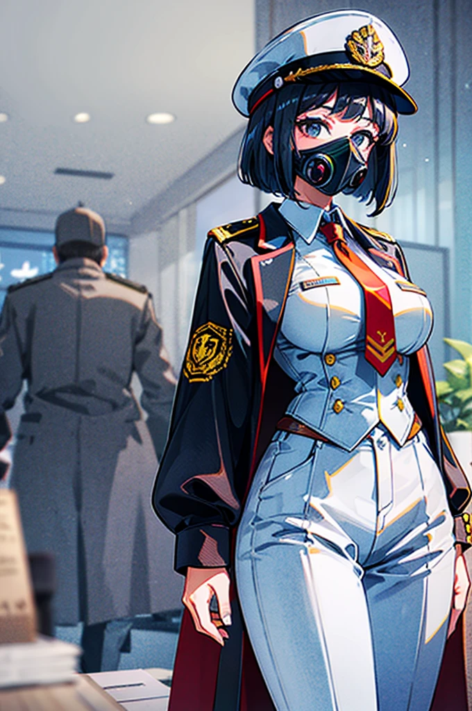 (((masterpiece)))、(((Top image quality)))、(((top-quality)))、((highly detailed unity 8kwall-paper))、(Illustration of one woman)、30-years old、(Viceroy)、Black hair bob cut、(((Gas mask covering the mouth)))、Gray eyes、((Tall))、((huge tit))、((Military uniforms))、((Military Cap))、((Military coat))、(white clothes)、(White pants)、(White cap)、trench coat、(((Inside the spaceship)))