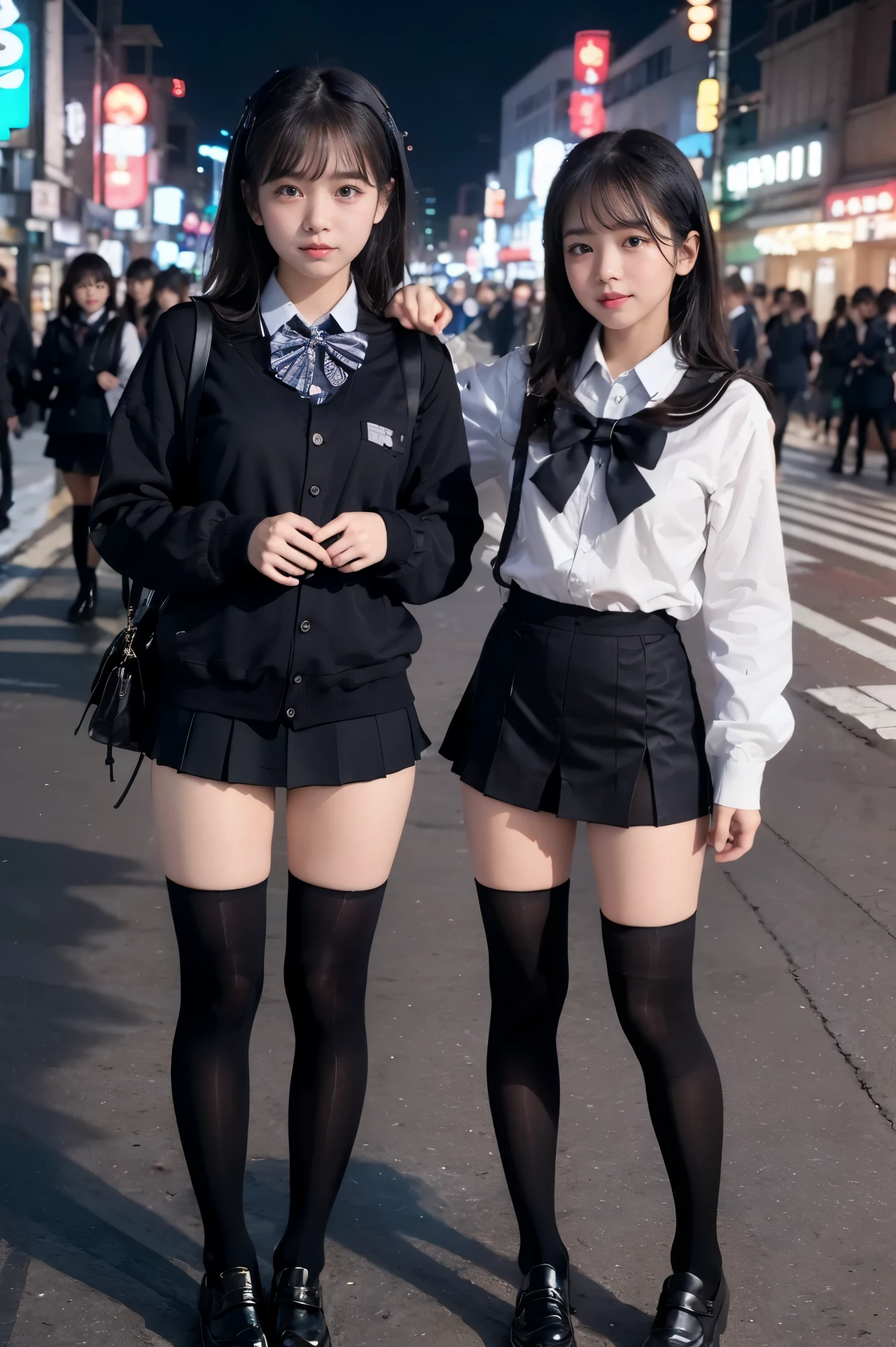(full body photographed)、street snap、A -facel wearing a short skirt and bow tie stands on a neon street at night.(Tall)のgals女性が3人います、(3 girls)、(gals)、Phenomenally cute schoolgirl、micro sailor uniform、Winter clothes、Japanese school black uniform、(large udder、The shirt opens on the chest, exposing a lot of cleavage.)、Girl in a surreal female uniform、Wearing a dark blue uniform、Schoolgirl Pose、full body Esbian、Nice skin、glistning skin、lovely thighs、(long legged)、(wide thighs)、(Micro Mini Skirt)、glowing thigh、With garter、(opaque black knee high socks)、((all hands)(I definitely wear black knee socks that go above the knee.))、I'm wearing high heeled leather shoes、High School in Japan 、乃木坂アイドル、韓国アイドル、Invite you inside、Inviting eyes