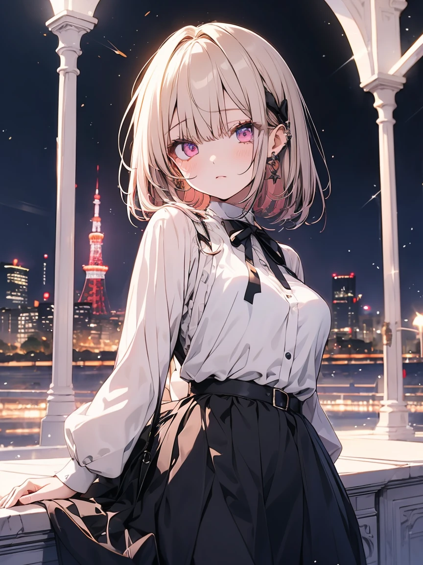 masterpiece, absurdres, best quality, ultra detailed, high Resolution, detailed illustration, extremely beautiful detailed face and eyes, bright colour, 1girl, (loli), cute face, Delicate beautiful face, magenta eyes, cute eyes, sparkling eyes, big eyes, medium breasts, (perky breasts:1.1), (pointy breasts:1.1), medium hips, glamorous body, white skin, tired, BREAK, long bob cut, (blonde hair:0.8), messy hair, detailed hair, shiny hair, BREAK sweater, long skirt, tiny ribbon, walking at park, night, Tokyo Tower, real world, natural lights, perfect lighting,