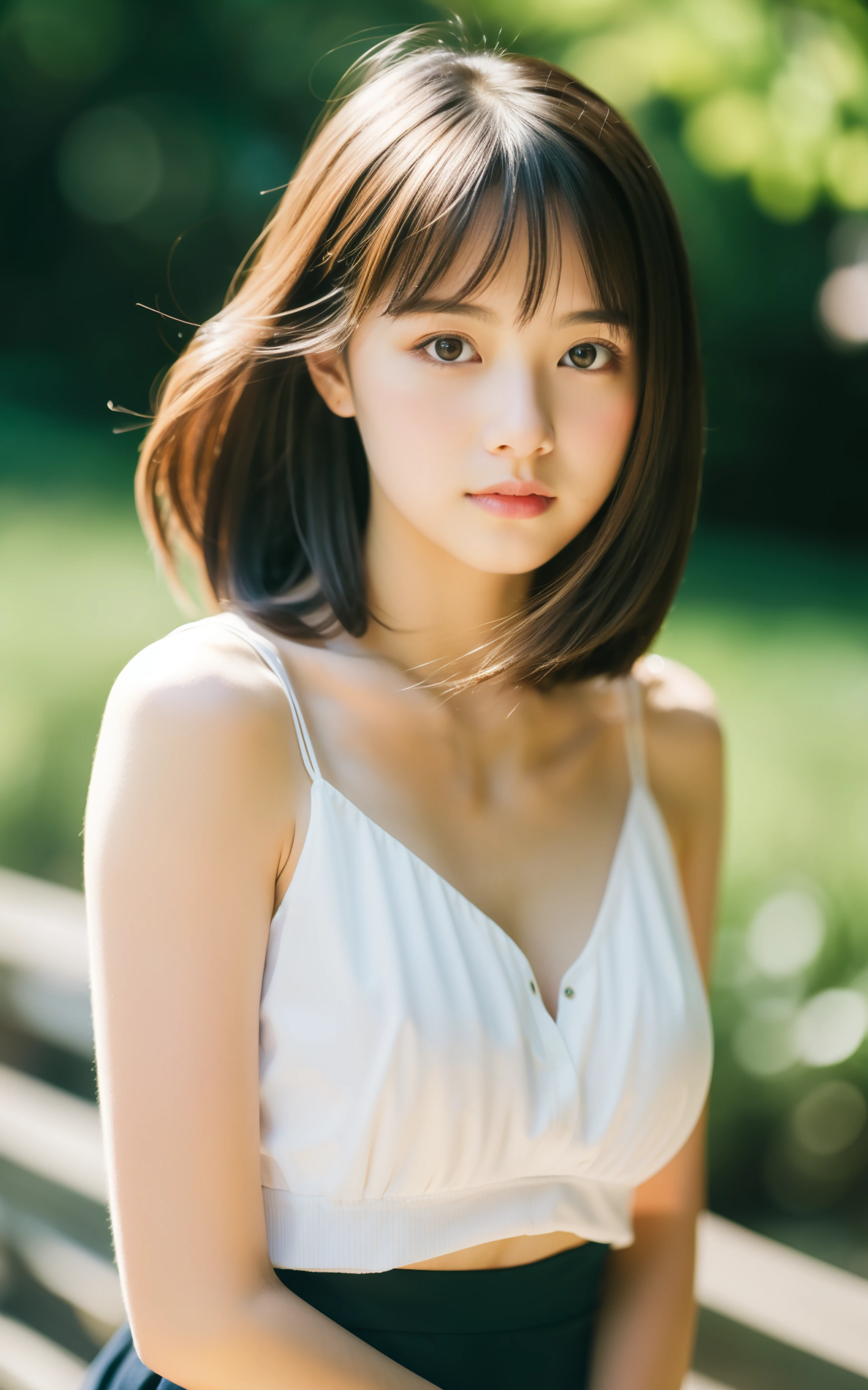 masutepiece, Best Quality, 8K, 20 yo, large full breasts, Raw photo, Professional Photography, Portrait, Soft light, Professional Lighting, Back lighting, Solo, sad, close up, Cute, Girly, Delicate girl, Neat and clean beauty, Upper body, Looking away, Sophisticated, Film grain, (Eyes and faces with detailed:1.0), Medium length hair swaying in the wind,、Very beautiful model popular in China、