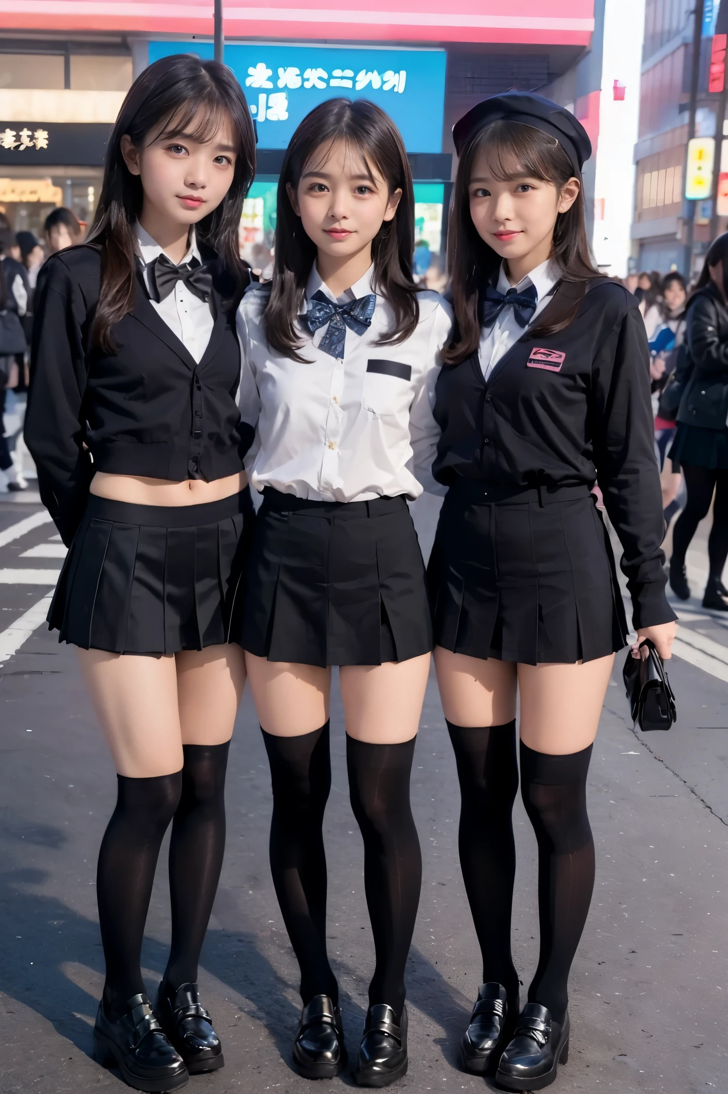 (full body photographed)、street snap、A baby-faced girl wearing a short skirt and bow tie stands on a neon street at night.(Tall)のgals女性が3人います、(3 girls)、(gals)、Phenomenally cute schoolgirl、micro sailor uniform、Winter clothes、Japanese school black uniform、(large udder、The shirt opens on the , exposing a lot of cleavage.)、Girl in a surreal female uniform、Wearing a dark blue uniform、Schoolgirl Pose、full body Esbian、Nice skin、glistning skin、lovely thighs、(long legged)、(wide thighs)、(Micro Mini Skirt)、glowing thigh、With garter、(opaque black knee high socks)、((all hands)(I definitely wear black knee socks that go above the knee.))、I'm wearing high heeled leather shoes、High School in Japan 、乃木坂アイドル、韓国アイドル、Invite you inside、Inviting eyes