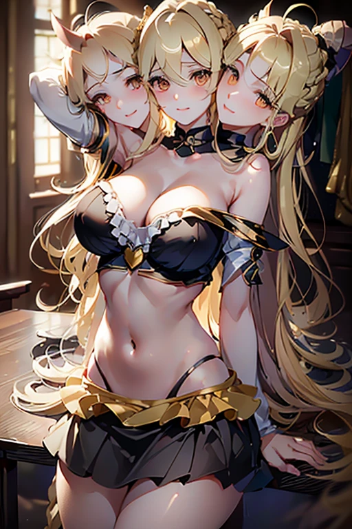 (masterpiece, best quality), (3heads:1.5), 1girl, (kirasame marisa:1.3), masterpiece, best quality, black top, crop top, ((stomach)), midriff, ((groin)), black skirt, normal ears, shackles, blonde hair, very long hair, wavy hair, sidelocks, yellow eyes, parted lips, single horn, sweat, cute, toned belly, hand on own chest, eyelashes, (22 year old woman:1.3), (masterpiece:1.4), (best quality:1.4), (beautiful detailed extremely detailed CG, extremely delicate and beautiful, depth of field, (finely detailed face), (perfect details:1.0), (mature female:1.3), wide pelvis, slender, large veiny breast, 8k resolution, high quality, high definition, extremely detailed, masterpiece, best quality, blonde hair, long hair, alluring presence, braid, short skirt, close up, big tits, young,