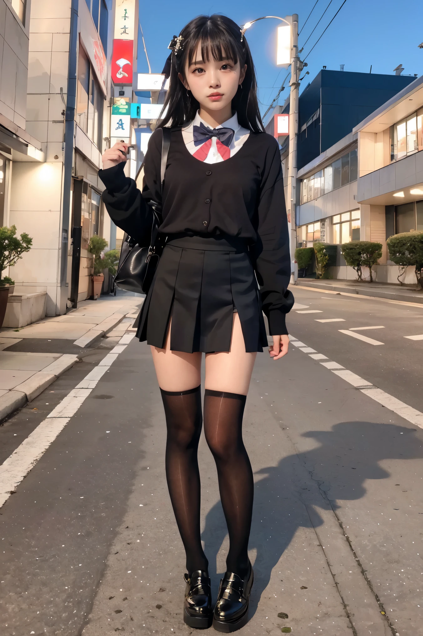 (full body photographed)、street snap、A baby-faced girl wearing a short skirt and bow tie stands on a neon street at night.(Tall)のgals女性が3人います、(3 girls)、(gals)、Phenomenally cute schoolgirl、micro sailor uniform、Winter clothes、Japanese school black uniform、(large udder、The shirt opens on the chest, exposing a lot of cleavage.)、Girl in a surreal female uniform、Wearing a dark blue uniform、Schoolgirl Pose、full body Esbian、Nice skin、glistning skin、lovely thighs、(long legged)、(wide thighs)、(Micro Mini Skirt)、glowing thigh、With garter、(opaque black knee high socks)、((all hands)(I definitely wear black knee socks that go above the knee.))、I&#39;m wearing high heeled leather shoes、High School in Japan 、乃木坂アイドル、韓国アイドル、Invite you inside、Inviting eyes