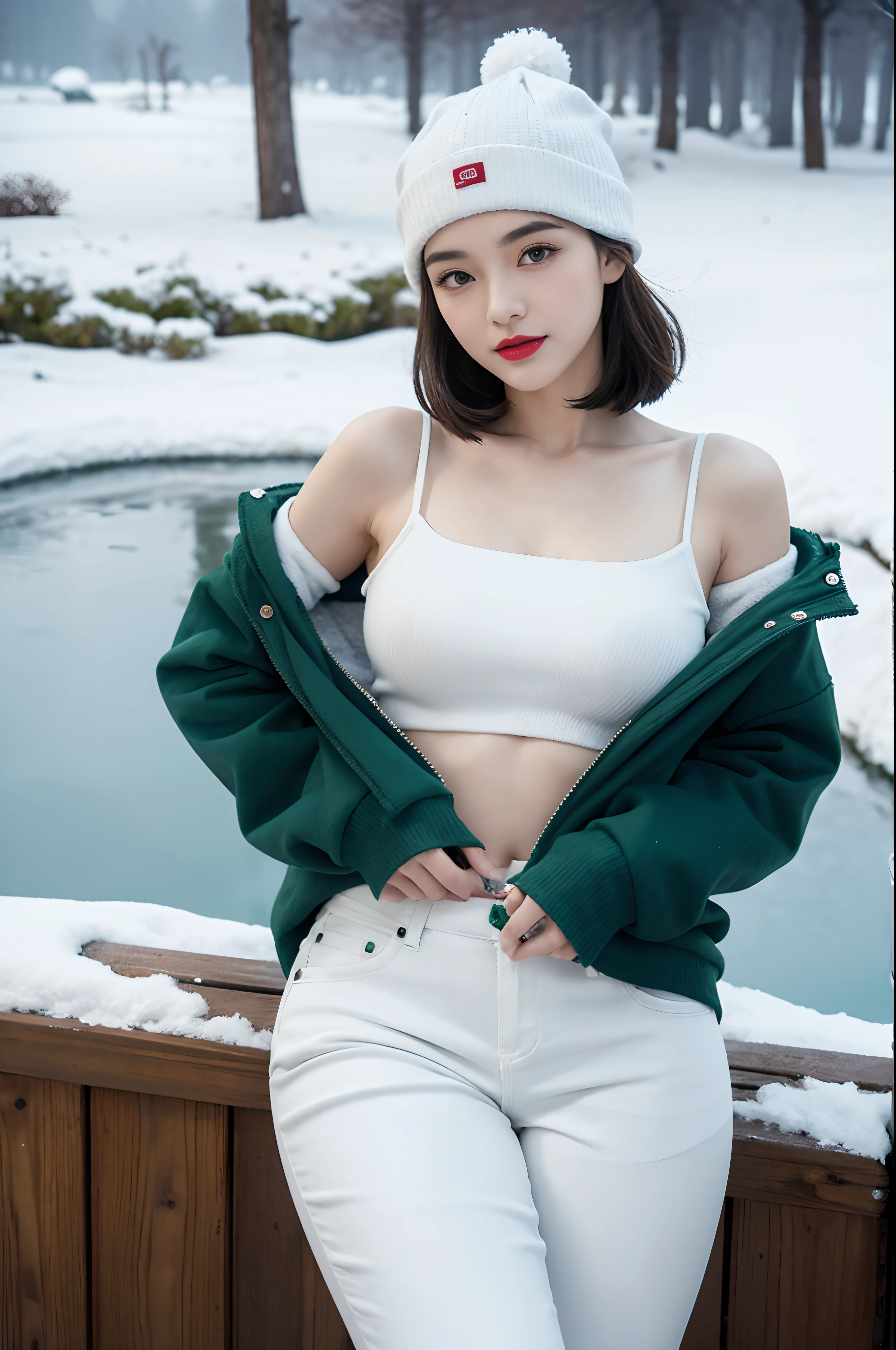 Best quality at best, 4K, 8K, Detailed faces, Clear face, a pretty girl,Delicatemakeup, Redlip,laughingly, perfect bodies,Shoulder length black bob straight hair,Green baseball cap,little breast,upper legs,Slim,thin, The girl is wearing a brown wool coat, Underneath the jacket is a white collared shirt and white pants, snow landscape, Winters, trpical garden,Smoggy weather,Rime,Cloudy,There is a big snowman behind the girl