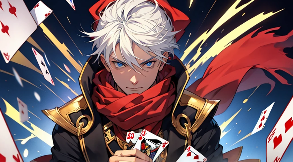 Man with white hair and blue eyes and in golden arcane costume and red scarf and golden gloves holding a playing card and playing cards background full of thunder and yellow watercolor style