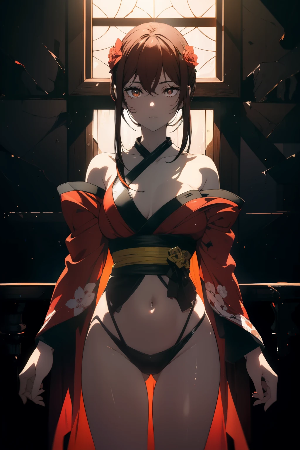 ((((Obra maestra, La mejor calidad, ultrahigh resolution)))), 1girl, standing, ((wearing red kimono)), (long black hair in view, in frame), pale skin, ((brown eyes)), (glowing_eyes, luminescent eyes), ((ultra detailed eyes:0.7, beautiful and detailed face, detailed eyes:0.9)), (centered), smile, (wide shot), ((vibrant background of outside, flowers, bright lighting, summer, sunlight)), flat chested, looking at viewer, (((head:1, hips, elbows, arms, in view))), ((hands behind back:0.7)), beautiful lighting, defined subject, (18 years old), ((cool looking)), ((glare))