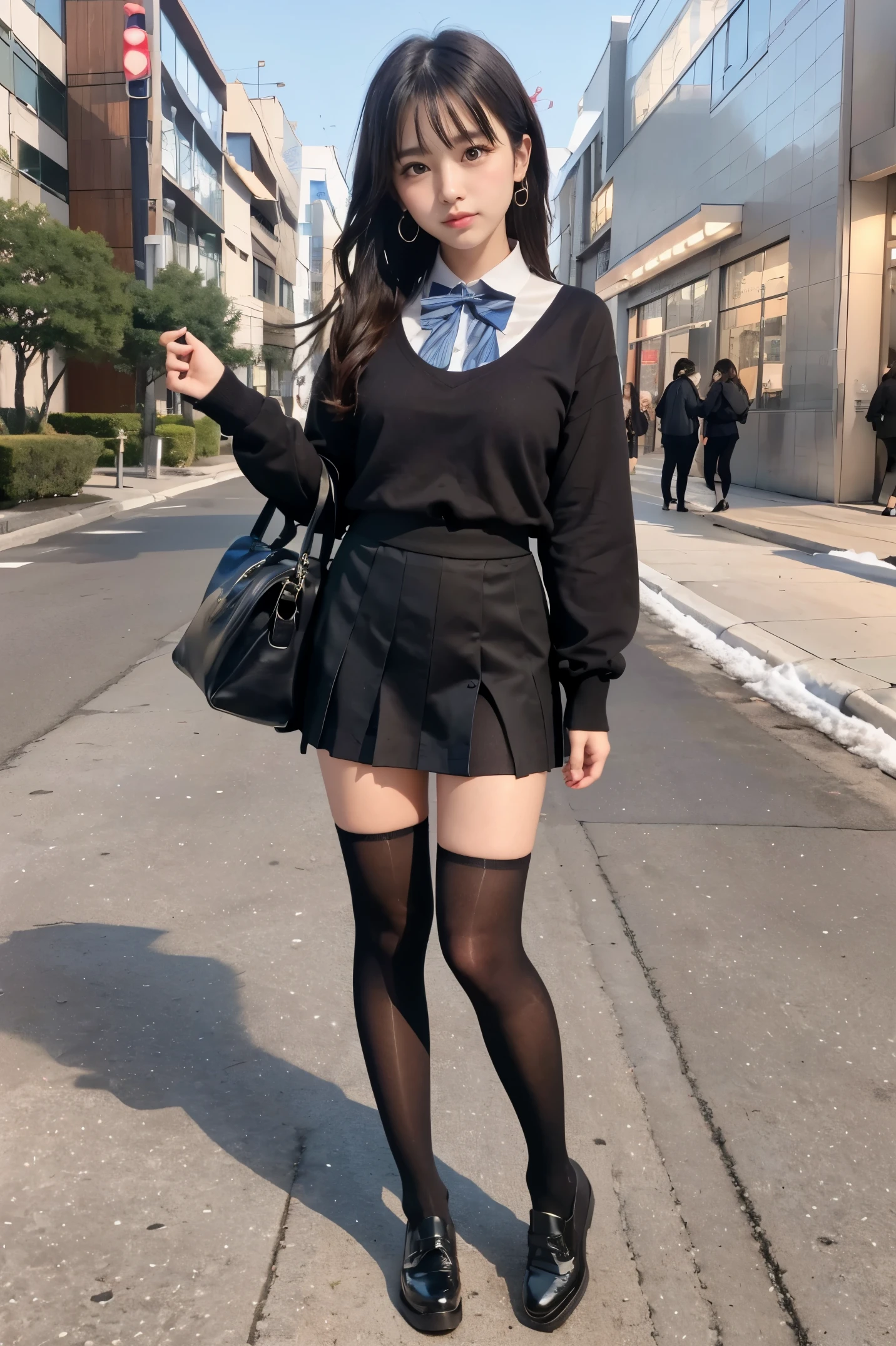 (full body photographed)、street snap、A baby-faced girl wearing a short skirt and bow tie stands on a neon street at night.(Tall)のgals女性が3人います、(3 girls)、(gals)、Phenomenally cute schoolgirl、micro sailor uniform、Winter clothes、Japanese school black uniform、(large udder、The shirt opens on the chest, exposing a lot of cleavage.)、Girl in a surreal female uniform、Wearing a dark blue uniform、Schoolgirl Pose、full body Esbian、Nice skin、glistning skin、lovely thighs、(long legged)、(wide thighs)、(Micro Mini Skirt)、glowing thigh、With garter、(opaque black knee high socks)、((all hands)(I definitely wear black knee socks that go above the knee.))、I&#39;m wearing high heeled leather shoes、High School in Japan 、乃木坂アイドル、韓国アイドル、Invite you inside、Inviting eyes