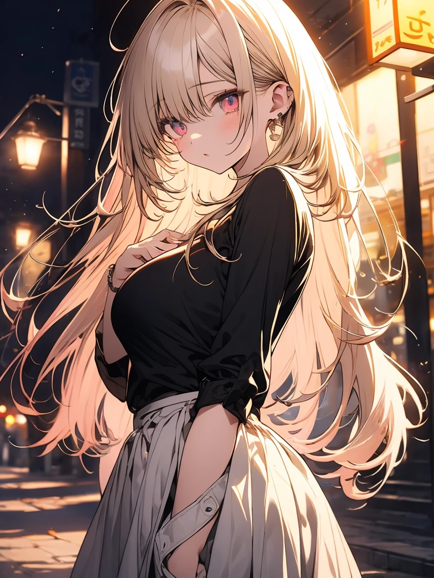 masterpiece, absurdres, best quality, ultra detailed, high Resolution, detailed illustration, extremely beautiful detailed face and eyes, bright colour, 1girl, (), cute face, Delicate beautiful face, magenta eyes, cute eyes, sparkling eyes, big eyes, medium breasts, (perky breasts:1.1), (pointy breasts:1.1), medium hips, glamorous body, white skin, tired, BREAK, long bob cut, (blonde hair:0.8), messy hair, detailed hair, shiny hair, BREAK sweater, long skirt, tiny ribbon, walking at park, night, Tokyo Tower, real world, natural lights, perfect lighting,