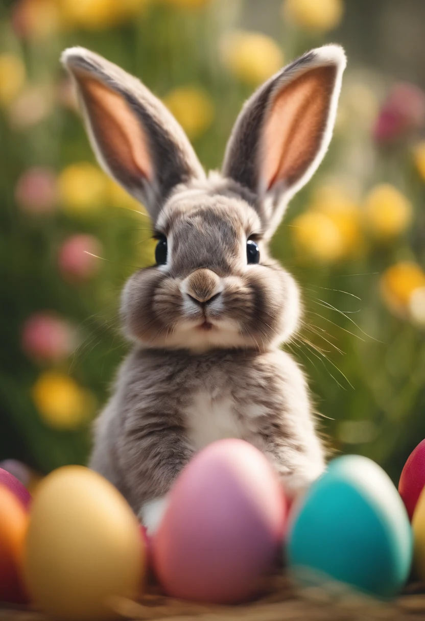 a lifestyle shot of a cute Easter bunny surrounded by colorful Easter eggs, evoking a sense of playfulness and the joy of the holiday