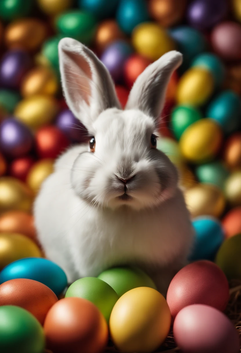 a lifestyle shot of a cute Easter bunny surrounded by colorful Easter eggs, evoking a sense of playfulness and the joy of the holiday