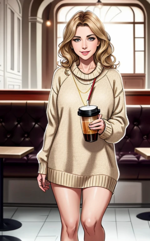 full body standing, Beautiful brunette with blonde highlights, wearing a beige sweater (drink lemonade in a café), Highly detailed, 22 Jahre alt, , Titten, Unschuldiges Gesicht, Natural wavy hair, blaue Augen, high resolution, Meisterwerk, best quality, Komplizierte hohe Detailgenauigkeit, Highly detailed, Scharfer Fokus, Detaillierter Skin, realistic skin Textur, Textur, Detaillierte Augen, Professionell, 4K, charming smile, aufgenommen mit Canon, 85mm, light depth of field, Kodak Vision Farbe, Perfectly fitting body , Extrem detailliert, Fotografie_\(Ultra\), fotorealistisch, realistisch, Nachbearbeitung, Maximale Details, Rauhigkeit, wirkliches Leben, Ultra realistic, Fotorealismus, Fotografie, 8K UHD, Fotografie, vollbusig