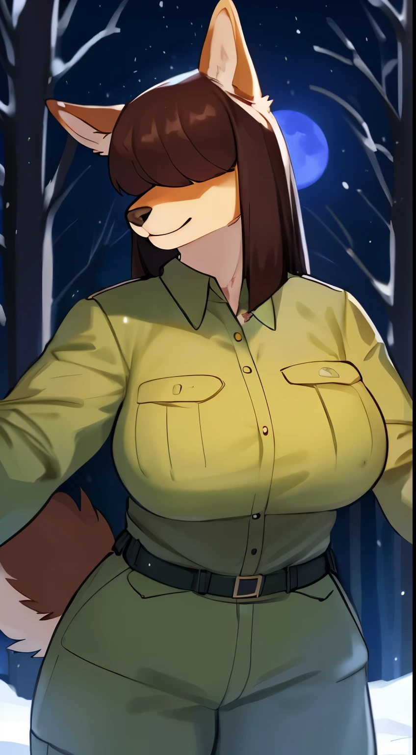 By bebebebebe, by lostgoose, by goonie-san, female, ((canine, snout, hair covering eyes, straight hair, medium hair, flat hair, ears, thin snout)), brown fur, big poofy tail, raised tail, dark maroon hair, (muscular, big breasts), solo, standing, (tan and green park ranger uniform, tan uniform), snow, snowing, night time, moon, forest, smiling, happy, reaching towards viewer