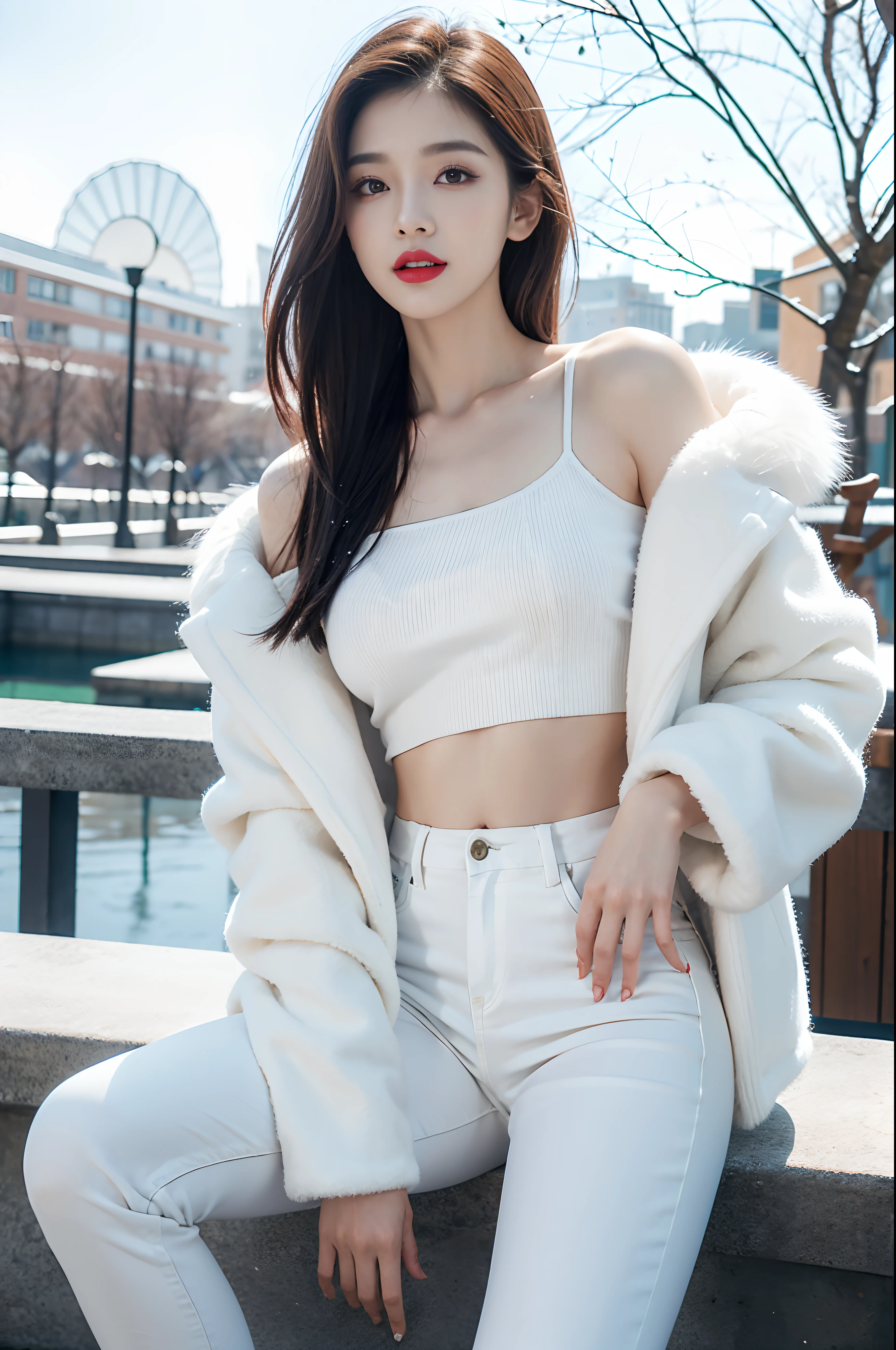 Best quality at best, 4K, 8K, Detailed faces, Clear face, a pretty girl, Korean makeup, Redlip,laughingly, perfect bodies,Shoulder length straight bob hair,little breast,upper legs,Slim,thin, Girl wearing a large white mink coat, Underneath the jacket is a white sweater and denim, snow landscape, Winters, trpical garden,