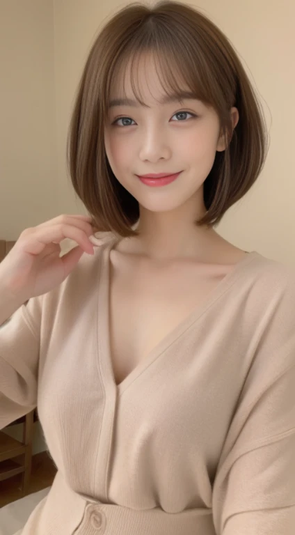 ((top-quality、8K、masterpiece:1.3))、1girl in、Slim Abs Beauty:1.3、(Hairstyle Casual、Colossal tits:1.2)、doress:1.1、Super fine face、Delicat eyes、二重まぶた、A smile、Home、Fashionable clothes、alcohol