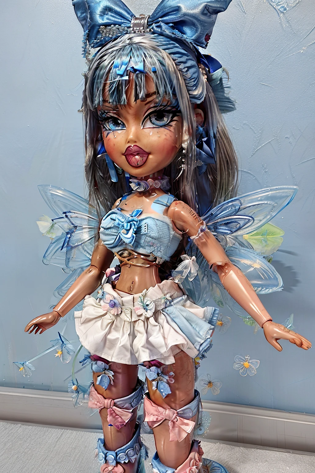 Bratz girl with detailed eyes and big lips and blue hair , wearing versace flowers blue dress , full body , plastic skin , doll joints , ,(masterpiece, top quality, best quality, beautiful and aesthetic:1.2), cirno_touhou, doll, revealing clothes, big head, 1girl, solo, breasts, curvy, wide hips, narrow waist, joints, doll joints, cleavage, bursting breasts, huge breasts, lips, blue_hair, bow, hair_bow, short_hair, fairy wings, ice wings, blue_bow, _wings, blue_eyes, bangs, blush, smile, open_mouth, hair_between_eyes, ribbon, neck_ribbon, midriff, full body, high heels, thighhighs