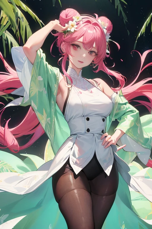 tmasterpiece、Need、1 female student、White cloth bun bun bun、Shoulder leakage、The chest is large、chubbiness、ssmile、Black suspender tights、lace leggings、pale pink lip、legs are open, 独奏, White polo shirt, looking at viewert, (Thigh thick:1.0),Yazawa Nico,red eyes, face flushed,Blunt hair,both hands on hip,greet,Flower headdress,intricately details、Realistic texture、The unevenness of the human body、Every detail is real、quality、Surreal work、Women are meticulous and realistic、In the foreground of graphic art、Women dancing traditional dances on Kauai。She wears flower ornaments and straw robe.、He is holding a bouquet of flowers in his hand。Her expression is bright and happy.、The dance movements are also graceful and graceful。Her dance seems to celebrate Kauai’s nature and culture。 Graphic art background、Visible to Mount Waiareale。The area near the summit is covered by thick clouds.、It has an air of mystery。Lush vegetation and waterfalls can be seen on the mountainside。pure、There is a rainbow in the sky.、kauai island name「Garden Island」it expresses the rich essence。