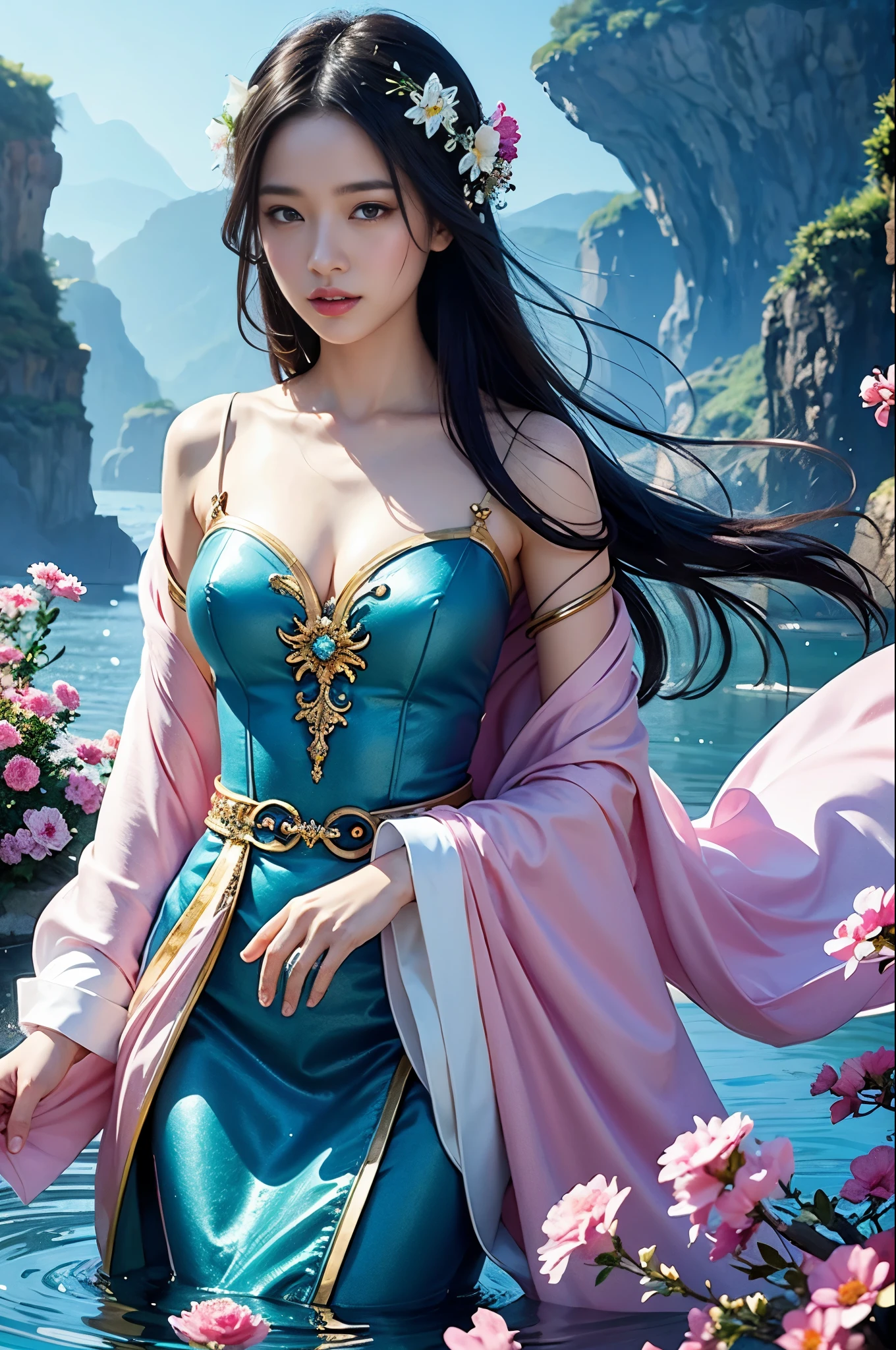 The beauty of black hair and flowers floating on water、Beautiful beauty、beautiful digital illustrations美しいアートワークイラスト美しいデジタルアートワーク、美しいgorgeous digital art、Beautiful digital art、Asian woman water element、gorgeous digital art、非常にBeautiful digital art、Close up fantasy with water magic、beautiful fantasy art、beautiful digital painting、beautiful digital illustrations、Gorgeous Digital Painting、Wearing a robe like a celestial maiden.、