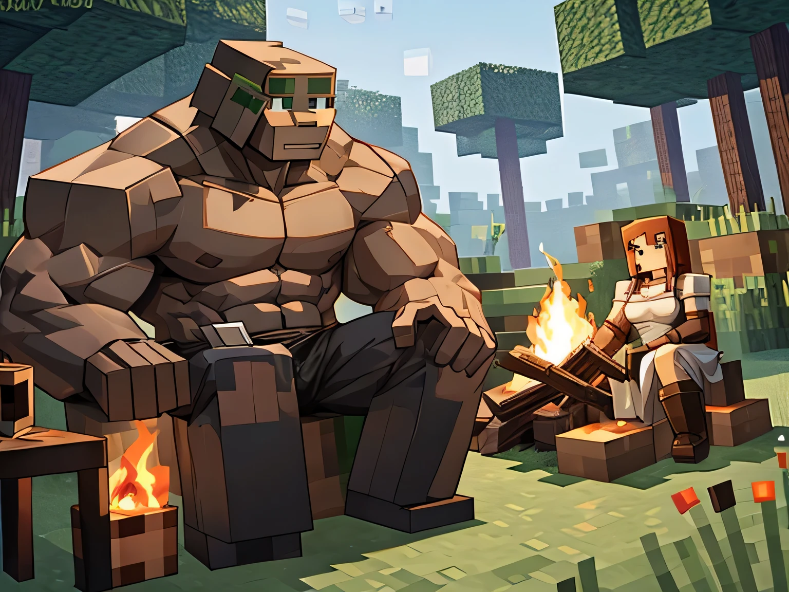 A large muscular iron golem from Minecraft sits with a girl near a fire in the forest...