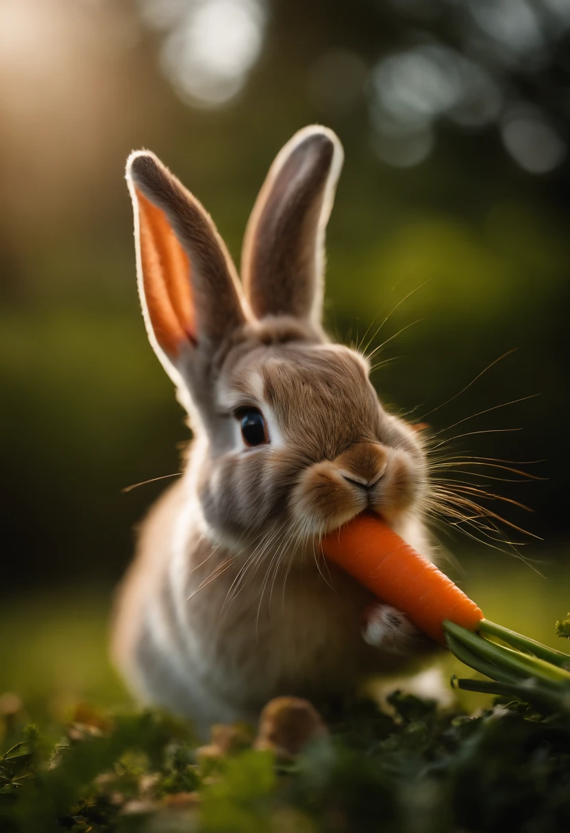 a detailed shot of a bunny munching on a carrot, with a shallow depth of field that highlights the bunny’s adorable features and the vibrant colors of the carrot
