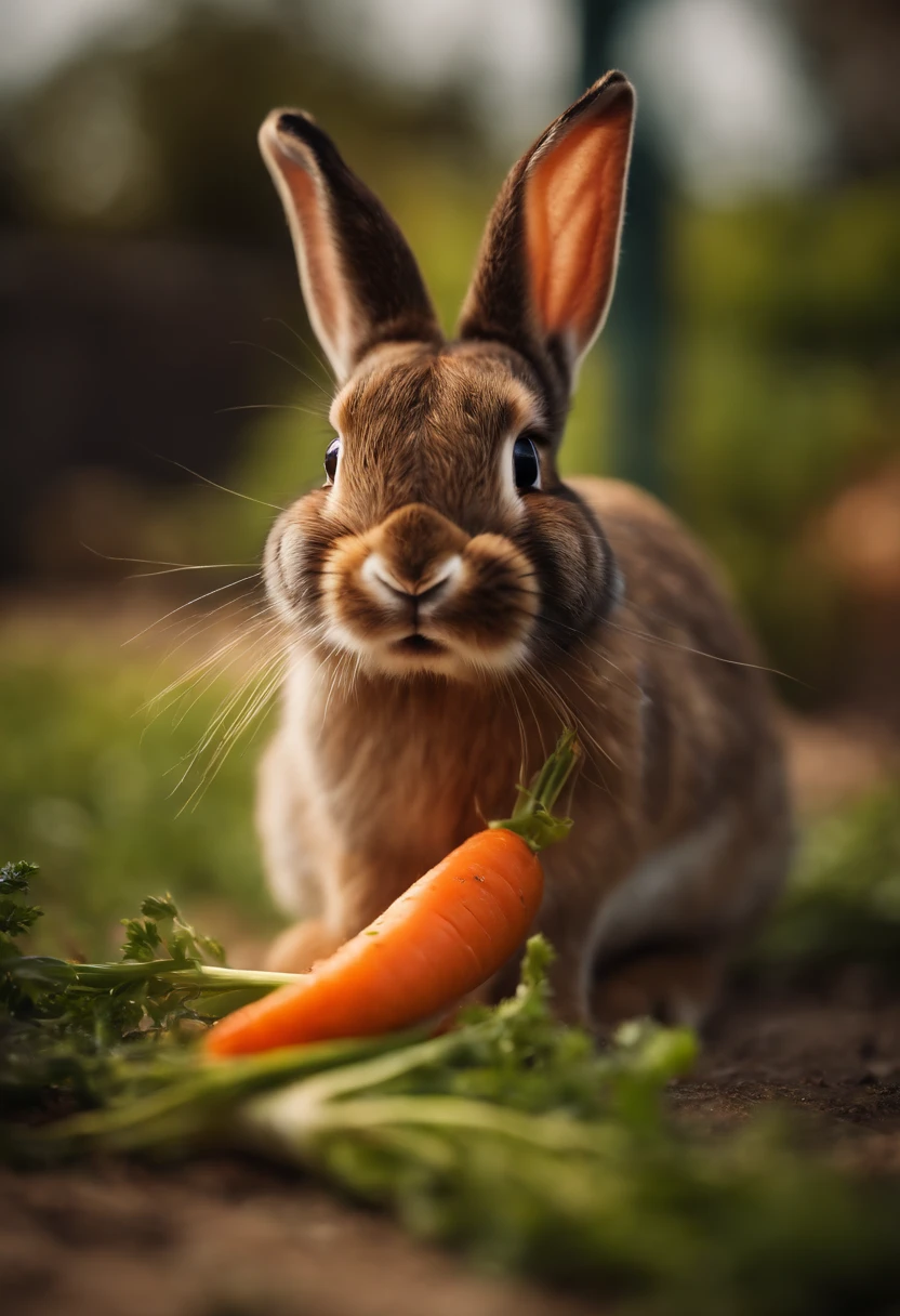 a detailed shot of a bunny munching on a carrot, with a shallow depth of field that highlights the bunny’s adorable features and the vibrant colors of the carrot