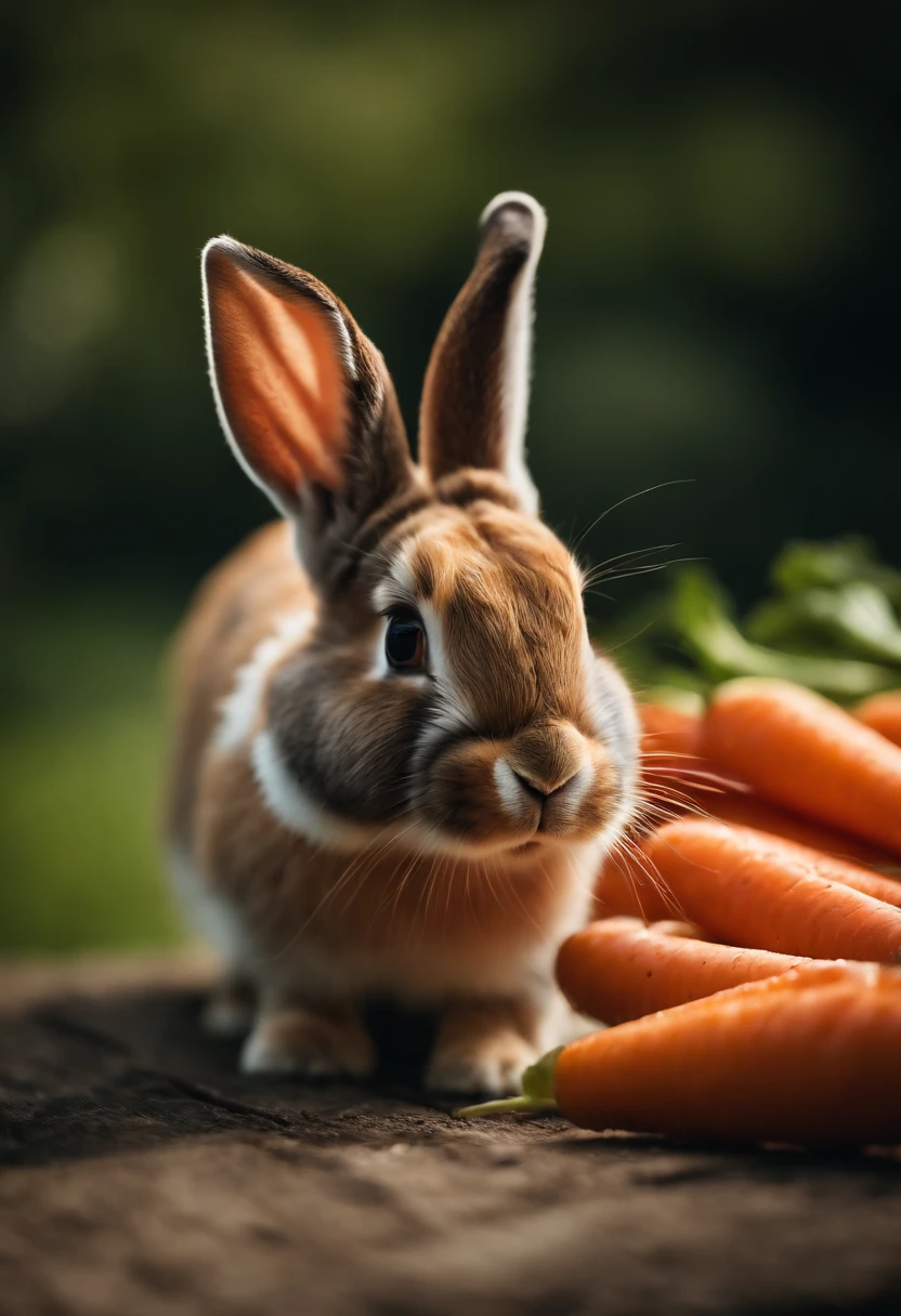 a detailed shot of a bunny munching on a carrot, with a shallow depth of field that highlights the bunny’s adorable features and the vibrant colors of the carrot