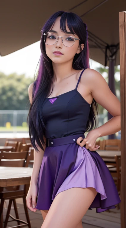 (Obra maestra, La mejor calidad, fotorrealista, Altas Resoluciones, Cinematographer, :1.3), foco nítido, 1 chica hermosa , Chica Americana , , Modelo hermosa, diafragma, Ojos color morado y pupilas altamente detallados, Piel realista, Forma delgada del cuerpo, escote, cabello extremadamente detallado, They are smiling, sexy, fondo variado , ((realista, super-realistic, realismo, Detalles realistas)) Twilight Sparkle , mlp , gafas de lectura , lindo maquillaje ,labios rojos , cabello largo morado con mechas rosas y lilas, pony tail , cuerpo completo , cuerpo sexy , posando en biblioteca , lindo vestido , viste camisa azul con lineas moradas , minifalda purpura con imagen de estrella , calcetas blancas , mocacines negros , hermosa sonrisa , pose con piernas abiertas