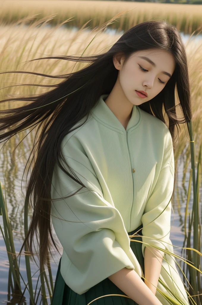 18-year-old girl,sportrait,sideface,With his eyes closed,long eyelasher,the detail,prette,incomparable beauty,being thin,blanche,calm countenance,Intoxicated expression,Green reeds taller than people,green reed,green reed,Endless reed marshes,There is wind,The wind blows messy hair,